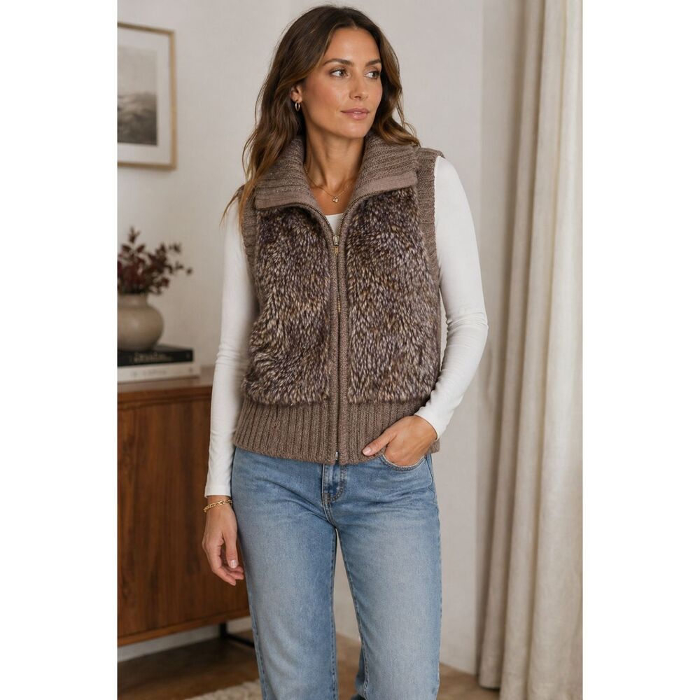 CAbi Wool Alpaca Blend Sweater Vest Medium Brown Zip Front Knit Cozy Fall Layer